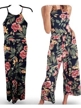 Hollister Floral Boho Halter Jumpsuit Womens XS Navy Wide Leg Pockets‎ Cropped